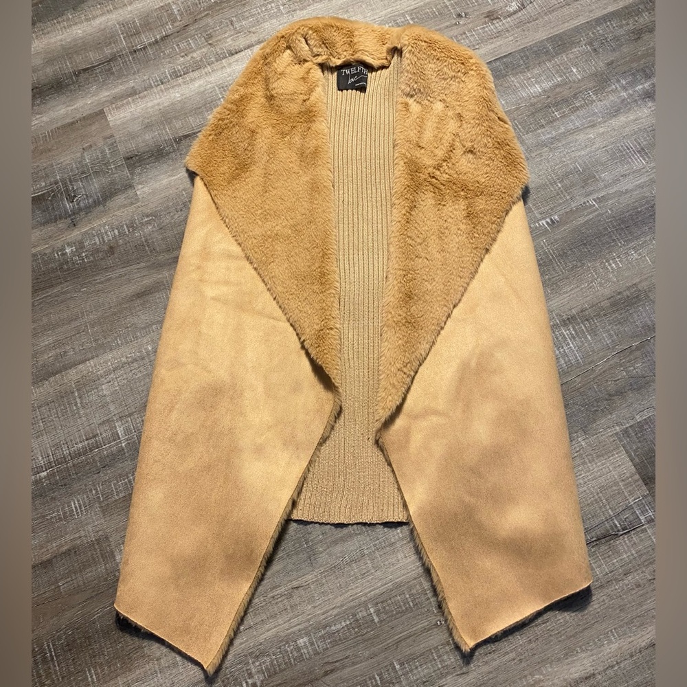 Open Front Faux Fur‎ & Suede Vest Sweater Back Soft Women's Size Large Tan Long